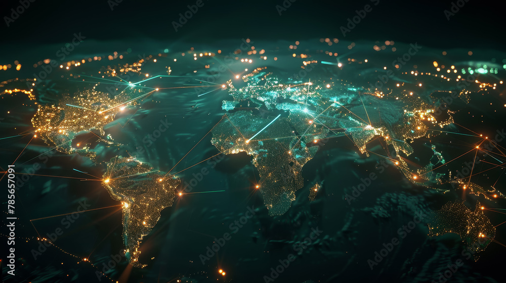Poster a computer generated image of the world with a blue background and a green globe