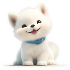 White Happy Puppy Wearing a Blue Collar and Sitting on a White Background