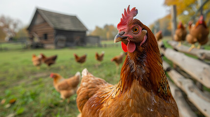 Rural idyll: farm with free-range chickens. Family adventure on the farm.