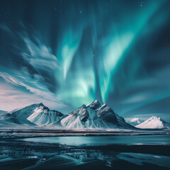 landscape shot of the Northern Lights dancing over a snowy mountain range in Iceland, with long exposure to capture the motion and vibrant colors
