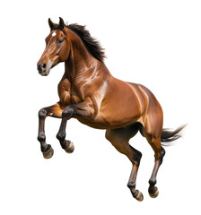 Powerful brown horse raising forelegs in air
