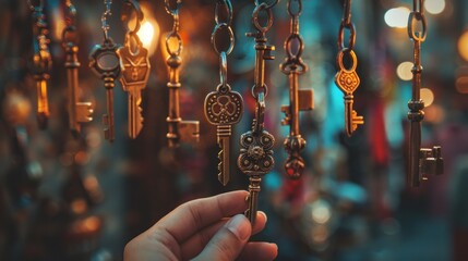 Hand choosing a hanging key amongst other ones