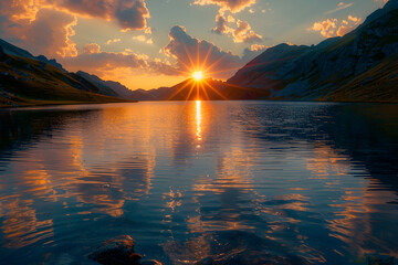 A stunning sunset over a calm lake nestled in the middle of majestic mountains.