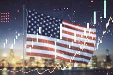 Multi exposure of abstract virtual financial graph hologram on USA flag and blurry cityscape...