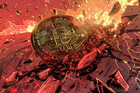 comic book illustration of an broken bitcoin being thrown to the ground, red and gold colors, dramatic lighting