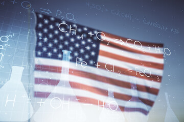 Abstract virtual creative chemistry hologram on USA flag and sunset sky background. Multiexposure