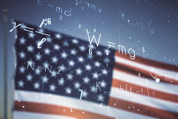 Abstract scientific formula hologram on US flag and blue sky background. Multiexposure