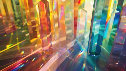 landscape made of glass prisms, refracting light into a spectrum of colors that paint the surroundings