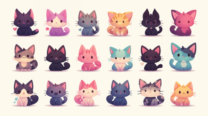 Cartoon kawaii kitten set. Cute painted cats in pastel colors. Different emotions. Cute domestic animal collection. Illustrations sat isolated on white background. Kittens kit icons, stickers