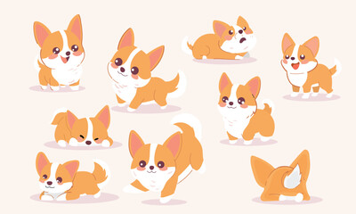 Series of Adorable Corgi Dog Vector Characters in Various Poses