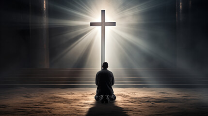 A man kneeling in prayer before a glowing cross, symbolizing faith, spirituality, and divine presence.