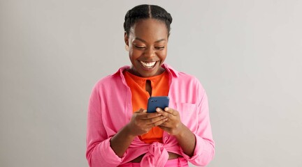 Wow, news and excited black woman with phone in studio for online competition giveaway on grey...