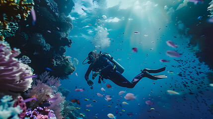 Naklejka na ściany i meble Adventurous scuba diver exploring the serene underwater world