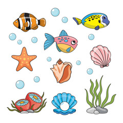 Naklejka premium Set of sea fish and shells in cartoon style. Fish, sea horse, ocean, shells, algae and corals. Color illustration for children books and activist books