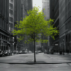 A monochrome city landscape around the tree in the center of composition with a vivid spring green breaking the pattern