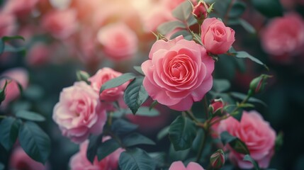 A cluster of pink roses in full bloom, showcasing vibrant petals and green leaves under natural sunlight.