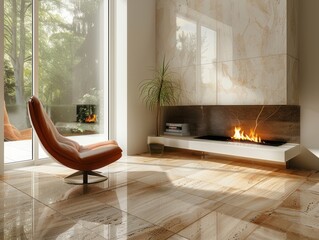 Naklejka premium Living room in minimalistic style with fireplace
