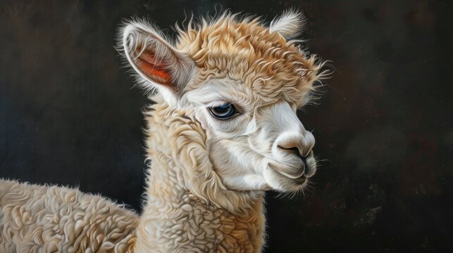 Portrait cute little baby llama or alpaca animal on the green meadow. AI generated image