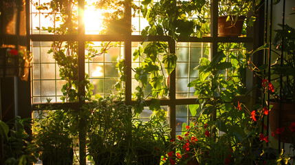 Fototapeta na wymiar A balcony herb garden at dawn with early morning sunlight filtering through a trellis covered in climbing herbs and flowering vines offering a fresh start to the day.