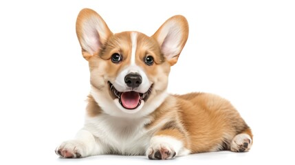 Closeup portrait happy puppy sitting isolated on white background. AI generated image