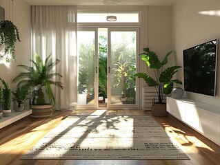 Living room with TV mockup and flowers in pot near window