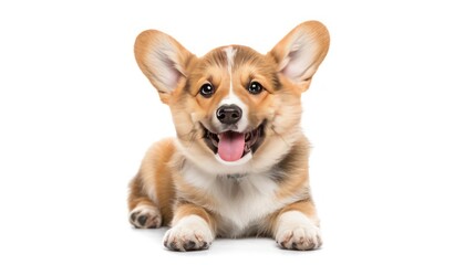 Closeup portrait happy puppy sitting isolated on white background. AI generated image