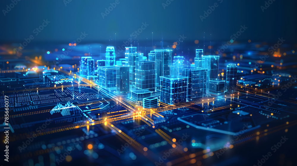 Poster wi-fi smart city or network. low poly wireframe. building automation with computer board illustratio