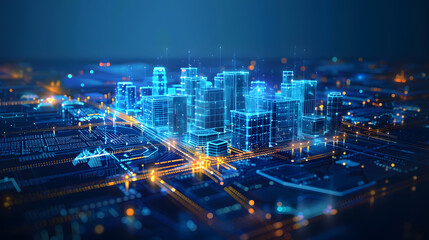 Wi-Fi smart city or network. Low poly wireframe. Building automation with computer board illustration. Isolated on a dark blue background. Plexus points and lines. Wireless smart city or network. - obrazy, fototapety, plakaty