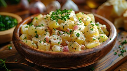Wooden Bowl Filled With Potato Salad on Table