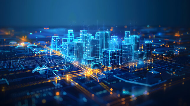 Wi-Fi smart city or network. Low poly wireframe. Building automation with computer board illustration. Isolated on a dark blue background. Plexus points and lines. Wireless smart city or network.