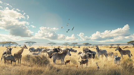 Group of African safari animals stands together in the savanna grassland. AI generated image