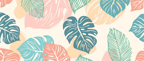 Vector seamless tropical monstera leaves pattern on pastel background, Hand drawn bright color...