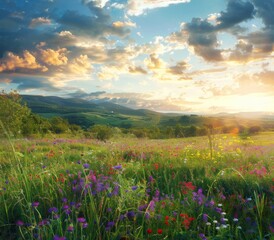 Fototapeta premium Field of Wildflowers Under a Cloudy Sky
