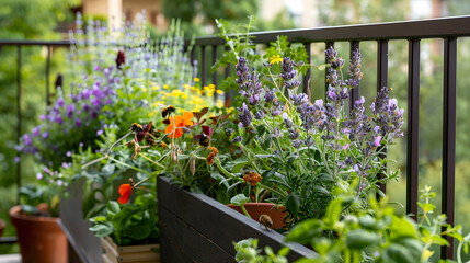 A balcony herb garden designed for pollinators with bee-friendly herbs like lavender and borage contributing to urban biodiversity.