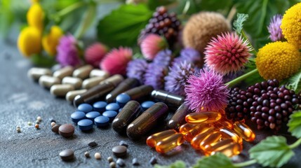 Natural remedies: herbal therapy, medicines, drugs, tincture, infusion, homeopathy for holistic health and wellness solutions in alternative medicine practices. - obrazy, fototapety, plakaty