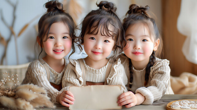Commercial organic image; cute smiling three children model with an empty piece of paper, in nature's embrace