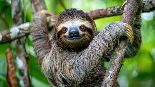 Portrait a cute sloth animal hanging on tree branch in a rainforest. AI generated image