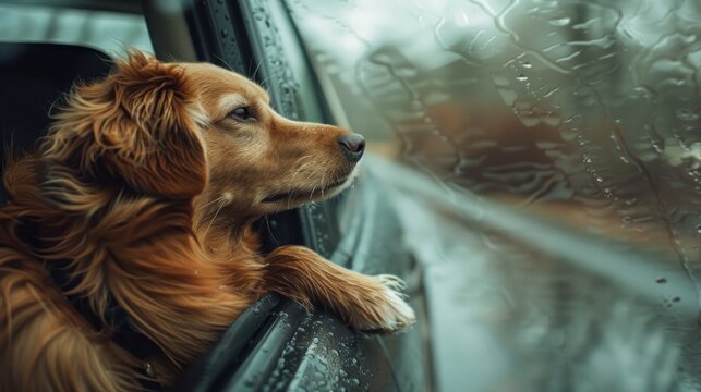 Funny dog retriever enjoying travel road trip on the car. AI generated image