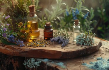 Fototapeta na wymiar Natural remedies: herbal therapy, medicines, drugs, tincture, infusion, homeopathy for holistic health and wellness solutions in alternative medicine practices.