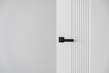 Modern black door handle on white wooden door in interior. Knob close-up elements. Door handle,...