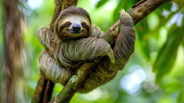 Portrait a cute sloth animal hanging on tree branch in a rainforest. AI generated image