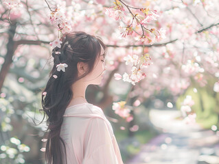 Obraz na płótnie Canvas Serene Beauty: Young Girl Amidst Cherry Blossoms