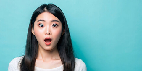 young pretty asian girl dark hair pale skin surprised expression, space for text
