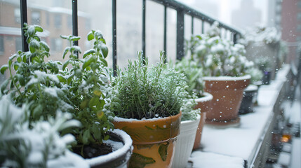 A balcony herb garden in the snow showing hardy herbs like rosemary and thyme enduring the winter months symbolizing resilience.