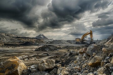 A large excavator is digging the ground at an industrial site, surrounded by rocks and dirt under dark clouds Generative AI - obrazy, fototapety, plakaty