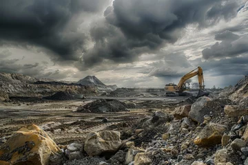 Foto op Canvas A large excavator is digging the ground at an industrial site, surrounded by rocks and dirt under dark clouds Generative AI © SKIMP Art