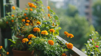 A balcony herb garden utilizing organic pest control methods with companion plants like marigolds deterring pests naturally.