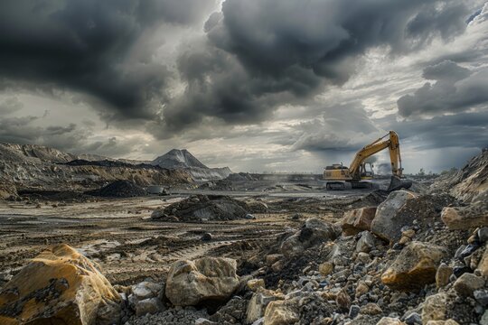 A large excavator is digging the ground at an industrial site, surrounded by rocks and dirt under dark clouds Generative AI