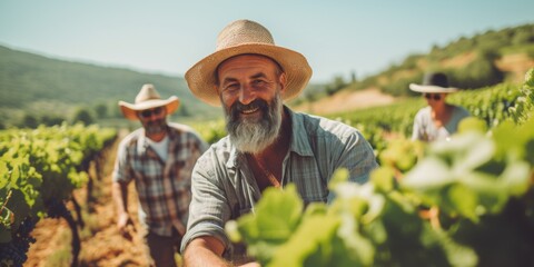 Middle-aged men farmers harvest grapes on the farm. Generative AI. - obrazy, fototapety, plakaty
