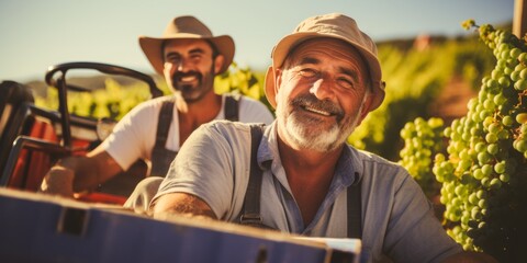 Middle-aged men farmers harvest grapes on the farm. Generative AI. - obrazy, fototapety, plakaty